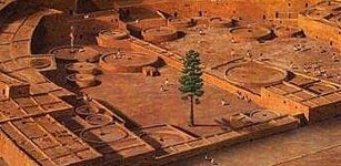 This digital reconstruction of Pueblo Bonito during its peak occupation depicts the "tree of life," which was long believed to have grown in the plaza. Credit: University of Arizona