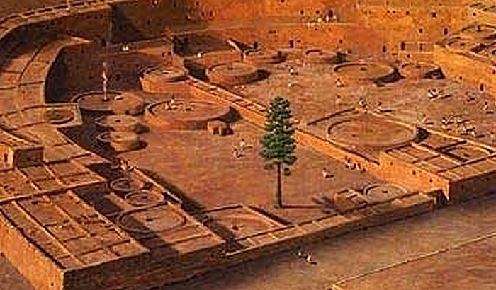 This digital reconstruction of Pueblo Bonito during its peak occupation depicts the "tree of life," which was long believed to have grown in the plaza. Credit: University of Arizona