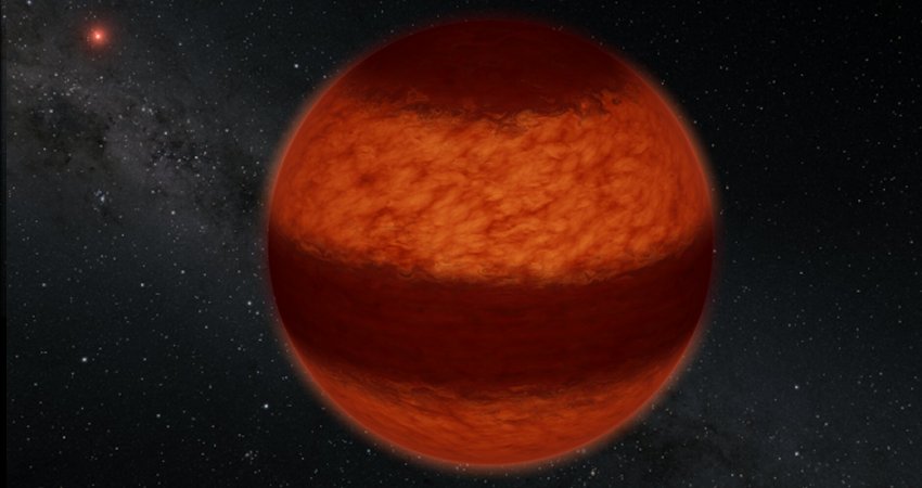 Astronomers have found evidence for a striped pattern of clouds on the brown dwarf called Luhman 16A, as illustrated here in this artist's concept. The bands of clouds were inferred using a technique called polarimetry, in which polarized light is measured from an astrophysical object much like polarized sunglasses are used to block out glare. This is the first time that polarimetry has been used to measure cloud patterns on a brown dwarf. The red object in the background is Luhman 16B, the partner brown dwarf to Luhman 16A. Together, this pair is the closest brown dwarf system to Earth at 6.5 light-years away. Credit: Caltech/R. Hurt (IPAC)