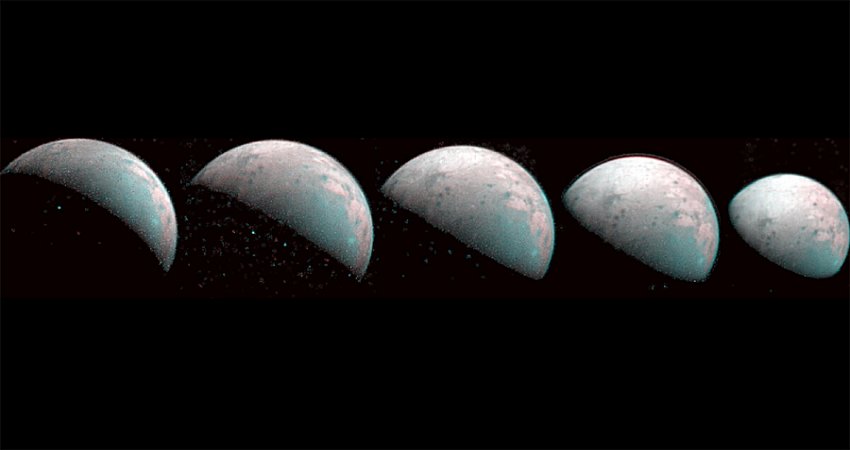 These images the JIRAM instrument aboard NASA's Juno spacecraft took on Dec. 26, 2019, provide the first infrared mapping of Ganymede's northern frontier. Frozen water molecules detected at both poles have no appreciable order to their arrangement and a different infrared signature than ice at the equator. Credit: NASA/JPL-Caltech/SwRI/ASI/INAF/JIRAM