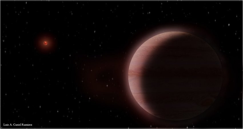 Cosmic couple: The artistic representation shows the large exoplanet TVLM 513b in the foreground. In the background on the left is its mother sun, the cool, low-mass dwarf star TVLM 513-46546. © Luis A. Curiel Ramirez