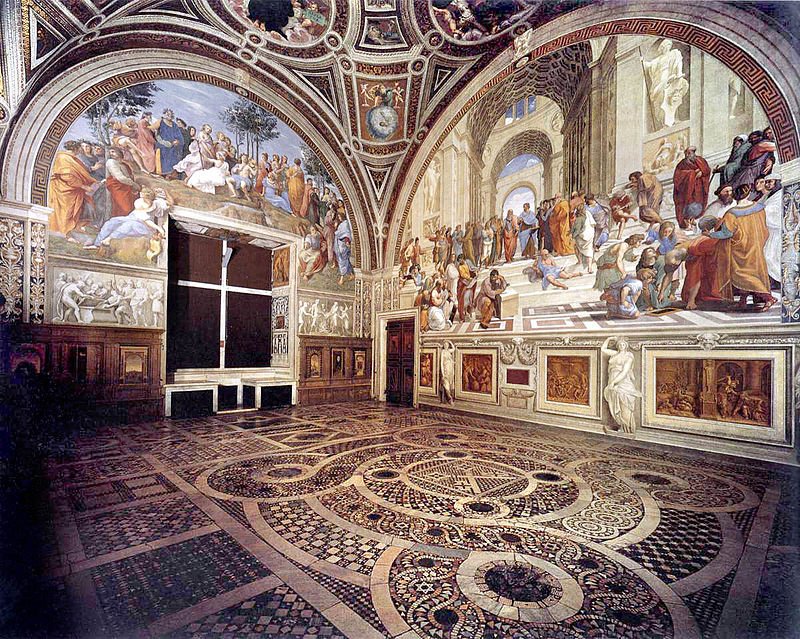 The Stanza della segnatura ("Room of the Signatura") at the Vatican was the first to be decorated by Raphael's frescoes.