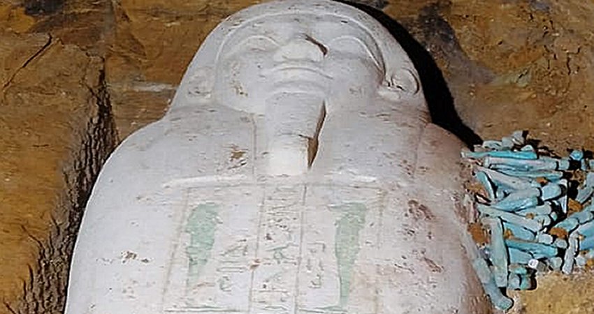 Limestone Sarcophagus, Ushabti Figures Unearthed In Minya’s Al-Gharafa Area, Egypt