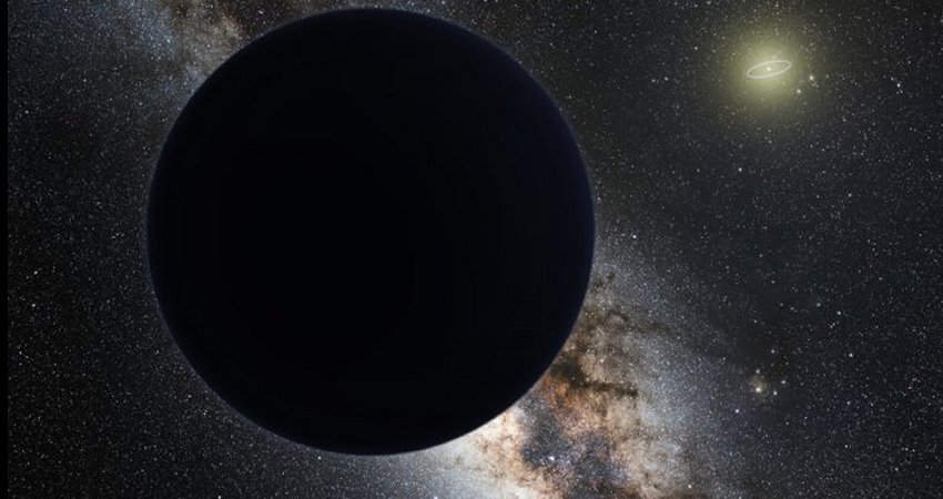 Artist’s impression of Planet Nine as an ice giant eclipsing the central Milky Way, with a star-like Sun in the distance.