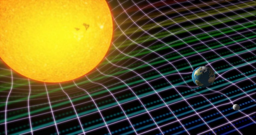 Artistic representation of the Sun, the Earth and the Moon with the space-time curvature of Einstein's General Relativity over the spectrum of sunlight reflected from the Moon (in colors from blue to red). Credit: Gabriel Pérez Díaz, SMM (IAC)