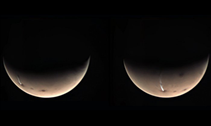 A mysteriously long, thin cloud has again appeared over the 20-km high Arsia Mons volcano on Mars. Credit: ESA/GCP/UPV/EHU Bilbao