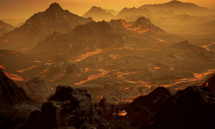 Artistic impression of the surface of the newly discovered hot super-Earth Gliese 486b. With a temperature of about 700 Kelvin (430 °C), Gliese 486b possibly has an atmosphere. Credit: RenderArea