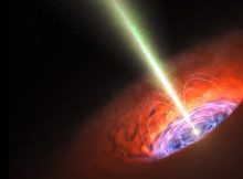 An artist's conception of a supermassive black hole surrounded by an accretion disk and emitting a relativistic jet