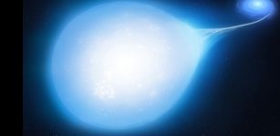 Artist's impression of the HD265435 system at around 30 million years from now, with the smaller white dwarf distorting the hot subdwarf into a distinct 'teardrop' shape. Credit: University of Warwick/Mark Garlick