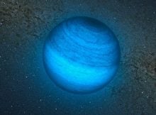 This artist’s impression shows the free-floating planet CFBDSIR J214947.2-040308.9. This is the closest such object to the Solar System. It does not orbit a star and hence does not shine by reflected light; the faint glow it emits can only be detected in infrared light. Here we see an artist’s impression of an infrared view of the object with an image of the central parts of the Milky Way from the VISTA infrared survey telescope in the background. The object appears blueish in this near-infrared view because much of the light at longer infrared wavelengths is absorbed by methane and other molecules in the planet's atmosphere. In visible light the object is so cool that it would only shine dimly with a deep red colour when seen close-up.