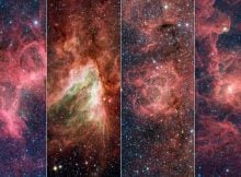 Shown here (from left) are the Eagle, Omega, Triffid, and Lagoon Nebulae, imaged by NASA’s infrared Spitzer Space Telescope. These nebulae are part of a structure within the Milky Way’s Sagittarius Arm that is poking out from the arm at a dramatic angle. Credit: NASA/JPL-Caltech