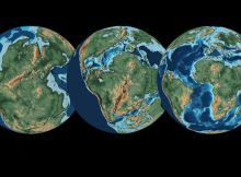 During the Mesozoic, the fragmentation of Pangaea contributed to long-term climate trends, such as weaker seasonality and warmer global mean temperatures. Shown are paleogeographic reconstructions for (left to right) 250 million, 150 million, and 70 million years ago. Credit: Jan Landwehrs; data provided by Christopher Scotese