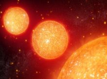 Illustration of red giant stars near and far sweeping across the sky. Credit: NASA