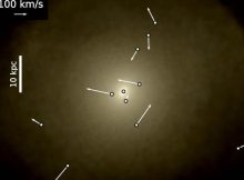 An image from the ROMULUS computer simulation showing an intermediate mass galaxy, its bright central region with its supermassive black hole, and the locations (and velocities) of "wandering" supermassive black holes (those not confined to the nucleus; the 10kpc marker corresponds to a distance of about 31 thousand light-years). Simulations have studied the evolution and abundances of wandering supermassive black holes; in the early universe they contain most of the mass that is in black holes. Credit: Ricarte et al, 2021