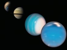 Composite image of Neptune, Uranus, Saturn and Jupiter. Credit: Jupiter from Juno: NASA/SwRI/MSSS/Gerald Eichstädt/Seán Doran; Saturn from Cassini: NASA/JPL-Caltech/Space Science Institute; Uranus and Neptune from HST: NASA/ESA/A. Simon (NASA Goddard Space Flight Center), and M.H. Wong and A. Hsu (University of California, Berkeley)