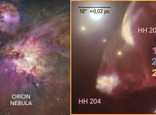 The left panel shows the Orion Nebula observed with the Hubble Space Telescope, picking out the area around HH204. In the right panel, we can see in detail the structure of HH204 and of its apparent companion, HH203. In this panel, the images by the Hubble Space Telescope taken during 20 years and artificially highlighted with different colours show the advance of the jets of gas through the Orion Nebula. Credit: Gabriel Pérez Díaz, SMM (IAC).