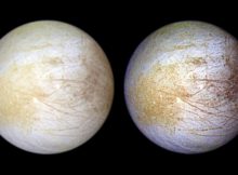 This photograph of the Jovian moon Europa was taken in June 1997 at a range of 776,700 miles by NASA's Galileo spacecraft. Slightly smaller than Earth's moon, Europa has a very smooth surface and the solid ice crust has the appearance of a cracked eggshell. The interior has a global ocean with more water than found on Earth. It could possibly harbor life as we know it.