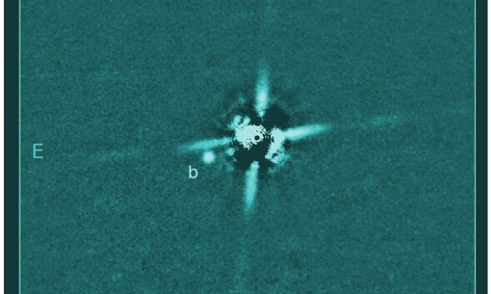 Discovery image of the planet 2M0437, which lies about 100 times the Earth-Sun distance from its parent star. The image was taken with the Subaru Telescope on Maunakea. The much-brighter host star has been mostly removed, and the four “spikes'' are artifacts produced by the optics of the telescope. Credit: Subaru Telescope and Gaidos, et al. (2021)