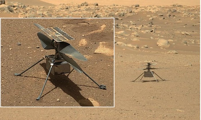 Left: NASA's Perseverance rover acquired this image of the Ingenuity Mars helicopter on the floor of Jezero Crater. (Image credit: NASA/JPL-Caltech); Background image: NASA's Ingenuity helicopter, photographed on the surface of Mars by the Perseverance rover on June 15, 2021. via AFP