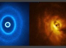 An image of GW Orionis, a triple star system with a mysterious gap in its surrounding dust rings. UNLV astronomers hypothesize the presence of a massive planet in the gap, which would be the first planet ever discovered to orbit three stars. The left image, provided by the Atacama Large Millimeter/submillimeter Array (ALMA) telescope, shows the disc’s ringed structure, with the innermost ring separated from the rest of the disc. The observations in the right image show the shadow of the innermost ring on the rest of the disc. UNLV astronomers used observations from ALMA to construct a comprehensive model of the star system. Credit: ALMA (ESO/NAOJ/NRAO), ESO/Exeter/Kraus et al.