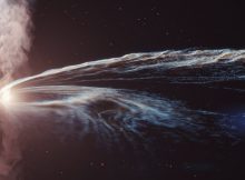 Artist’s illustration of tidal disruption event AT2019dsg where a supermassive black hole spaghettifies and gobbles down a star. Some of the material is not consumed by the black hole and is flung back out into space. Credit: DESY, Science Communication Lab