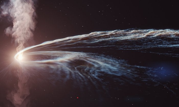 Artist’s illustration of tidal disruption event AT2019dsg where a supermassive black hole spaghettifies and gobbles down a star. Some of the material is not consumed by the black hole and is flung back out into space. Credit: DESY, Science Communication Lab