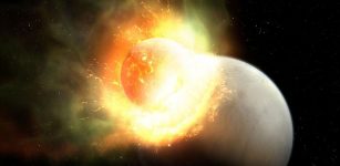 An MIT-led team has discovered evidence of a giant impact in the nearby HD 17255 star system, in which an Earth-sized terrestrial planet and a smaller impactor likely collided at least 200,000 years ago, stripping off part of one planet’s atmosphere. Credits:Image: Mark A. Garlick