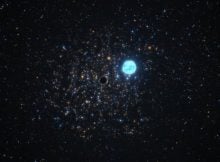 This artist’s impression shows a compact black hole 11 times as massive as the Sun and the five-solar-mass star orbiting it. The two objects are located in NGC 1850, a cluster of thousands of stars roughly 160 000 light-years away in the Large Magellanic Cloud, a Milky Way neighbour. The distortion of the star’s shape is due to the strong gravitational force exerted by the black hole. Not only does the black hole’s gravitational force distort the shape of the star, but it also influences its orbit. By looking at these subtle orbital effects, a team of astronomers were able to infer the presence of the black hole, making it the first small black hole outside of our galaxy to be found this way. For this discovery, the team used the Multi Unit Spectroscopic Explorer (MUSE) instrument at ESO’s Very Large Telescope in Chile. Credit: ESO/M. Kornmesser