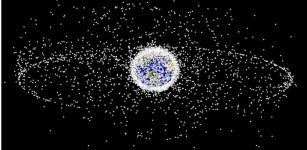 A computer-generated image representing the locations, but not relative sizes, of space debris as could be seen from high Earth orbit.