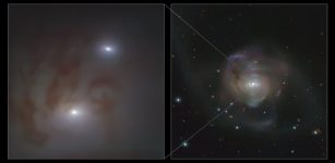 This image shows close-up (left) and wide (right) views of the two bright galactic nuclei, each housing a supermassive black hole, in NGC 7727, a galaxy located 89 million light-years away from Earth in the constellation Aquarius. Each nucleus consists of a dense group of stars with a supermassive black hole at its centre. The two black holes are on a collision course and form the closest pair of supermassive black holes found to date. It is also the pair with the smallest separation between two supermassive black holes found to date — observed to be just 1600 light-years apart in the sky. The image on the left was taken with the MUSE instrument on ESO’s Very Large Telescope (VLT) at the Paranal Observatory in Chile while the one on the right was taken with ESO's VLT Survey Telescope. Credit: ESO/Voggel et al.; ESO/VST ATLAS team. Acknowledgement: Durham University/CASU/WFAU