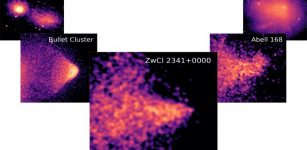 Galaxy cluster collisions go through different stages, taking on various shapes. The rough version of the model contains three stages: first a blunt body shape (see Bullet Cluster), then a sharp cone (see ZwCl 2341+0000) and then a tongue-like shape (see Abell 168). Until now, astronomers were still missing the middle piece of the puzzle in their observations. Now they have found it with ZwCl 2341+0000. In the upper left (1E2216/1E2215) you see two galaxy clusters prior to collision. In the upper right (Coma Cluster) you see the end result after the merger has taken enough time to reach its final form. These are all X-ray images showing the intracluster medium (ICM). The ICM is the matter that actually collides. The galaxies and possible dark matter drift along undisturbed, apart from a gravitational pull. Credit: SRON Netherlands Institute for Space Research