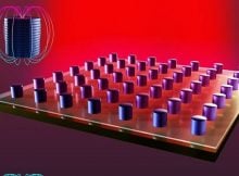 A plasmonic laser is turned on (top) and off (bottom) by switching the magnetisation of a nanodot array. The zoomed insets show the magnetic field around a single nanodot.