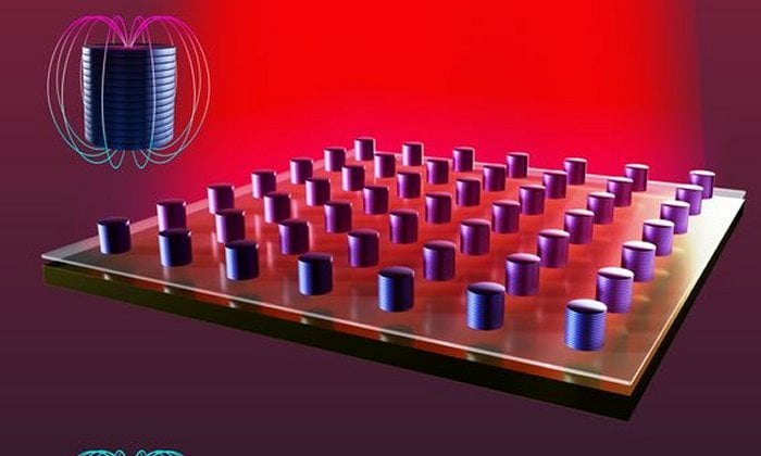 A plasmonic laser is turned on (top) and off (bottom) by switching the magnetisation of a nanodot array. The zoomed insets show the magnetic field around a single nanodot.