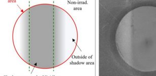 The first diagram shows the experimental setup, with the way the nickel alloy bends toward the zirconium alloy in the water-filled corrosion cell. The zirconium oxide is thickest where the nickel alloy comes closest. The second diagram shows the strip of the circular zirconium alloy sample that is affected by the band of nickel alloy and radiation. Finally, the electron image shows the band of oxidation on the zirconium alloy sample. Credit: Peng Wang, Michigan Ion Beam Laboratory