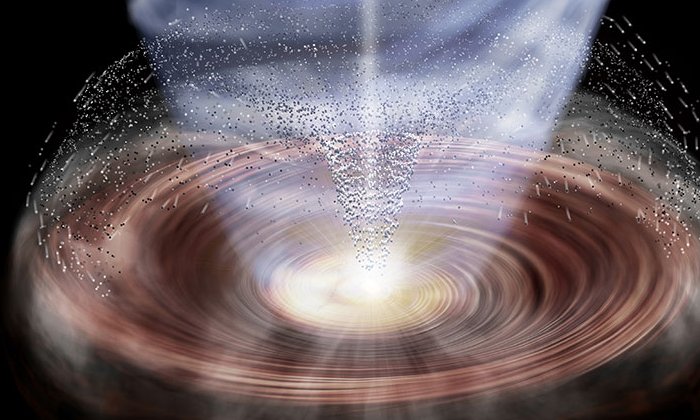 Artist’s impression of the “Ashfall” in a protoplanetary disk. The dust particles swept up by the bipolar outflow from the center of the protoplanetary disk are piled up on the outer edge of the disk. (Credit: Kagoshima University)