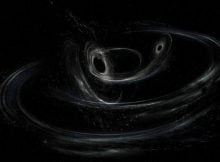 An artist's conception of a precessing binary black hole. The black holes, which will ultimately spiral together into one larger black hole, are shown here orbiting one another in a plane. The black holes are spinning in a non-aligned fashion, which means they are tilted relative to the overall orbital motion of the pair. This causes the orbit to precess like a top spinning along a tilted axis. Credit: LIGO/Caltech/MIT/Sonoma State (Aurore Simonnet)