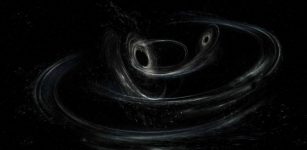 An artist's conception of a precessing binary black hole. The black holes, which will ultimately spiral together into one larger black hole, are shown here orbiting one another in a plane. The black holes are spinning in a non-aligned fashion, which means they are tilted relative to the overall orbital motion of the pair. This causes the orbit to precess like a top spinning along a tilted axis. Credit: LIGO/Caltech/MIT/Sonoma State (Aurore Simonnet)