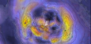 Slice of local universe showing orbits that galaxies have followed in white and contours of regions of high density in shades of yellow-orange. Milky Way (near center) Great Attractor core of Laniakea Supercluster (left) Perseus-Pisces (right). Credit: University of Hawaiʻi