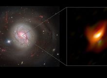 The left panel of this image shows a dazzling view of the active galaxy Messier 77 captured with the FOcal Reducer and low dispersion Spectrograph 2 (FORS2) instrument on ESO’s Very Large Telescope. The right panel shows a blow-up view of the very inner region of this galaxy, its active galactic nucleus, as seen with the MATISSE instrument on ESO’s Very Large Telescope Interferometer. Credit: ESO/Jaffe, Gámez-Rosas et al.