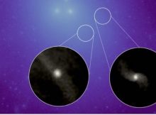 Dark matter distribution in a simulated galaxy group, with brighter areas showing higher concentrations of dark matter. Circles show close-up images of the stellar light associated with two galaxies lacking dark matter. If these galaxies had dark matter, they would appear as bright regions in the main image. Moreno et al.