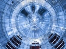 View into the main spectrometer of the KATRIN experiment to determine the mass of the neutrino on Campus North of KIT. Credit: Markus Breig, KIT