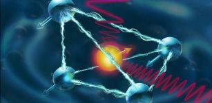 Artist's illustration depicts the quantum spin of an ytterbium ion with the surrounding yttrium orthovanadate crystal. The spin states of the atoms can be used as a processing unit (like transistors on a computer chip). By using the ytterbium to control four vanadium atoms simultaneously, the engineers were able to realize a 2-qubit processor, an important building block in the development of quantum computers and quantum networks. (Credit: MAAYAN VISUALS)