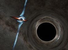 This artist's concept shows two candidate supermassive black holes at the heart of a quasar called PKS 2131-021. In this view of the system, gravity from the foreground black hole (right) can be seen twisting and distorting the light of its companion, which has a powerful jet. Each black hole is about a hundred million times the mass of our sun, with the black hole in the foreground being slightly less massive. Credit: Caltech/R. Hurt (IPAC)