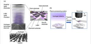 (a) Structure of the diamond field-effect transistor (FET) fabricated in this research. The design of this FET allows Hall measurements to be performed while applying a gate voltage, enabling evaluation of the density and mobility of holes in the FET channel. (b) The surface of the diamond substrate was first exposed to hydrogen plasma to terminate it with hydrogen. The substrate was then transferred in vacuum into a glovebox filled with argon gas. Finally, cleaved single-crystalline hexagonal boron nitride (h-BN) was attached to the diamond substrate, thereby reducing the amount of airborne substance—which act as acceptors—attaching to the diamond surface. (Image: NIMS)