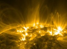 Scientists think SGR 1830's hot spots likely resembled the bases of coronal loops frequently seen on the Sun. In this extreme ultraviolet view from NASA's Solar Dynamics Observatory, loops of ionized gas trace magnetic fields emerging from the solar surface. Credit: NASA/SDO