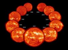 A new study has identified a nearby star whose sunspot cycles appear to have stopped. Studying this star might help explain the period from the mid 1600s to the early 1700s when our sun paused its sunspot cycles. This image depicts a typical 11-year cycle on the sun, with the fewest sunspots appearing at its minimum (top left and top right) and the most appearing at its maximum (center). Credit: NASA