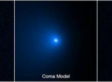 This sequence shows how the nucleus of Comet C/2014 UN271 (Bernardinelli-Bernstein) was isolated from a vast shell of dust and gas surrounding the solid icy nucleus. On the left is a photo of the comet taken by the NASA Hubble Space Telescope's Wide Field Camera 3 on January 8, 2022. A model of the coma (middle panel) was obtained by means of fitting the surface brightness profile assembled from the observed image on the left. This allowed for the coma to be subtracted, unveiling the point-like glow from the nucleus. Combined with radio telescope data, astronomers arrived at a precise measurement of the nucleus size. That's no small feat from something about 2 billion miles away. Though the nucleus is estimated to be as large as 85 miles across, it is so far away it cannot be resolved by Hubble. Its size is derived from its reflectivity as measured by Hubble. The nucleus is estimated to be as black as charcoal. The nucleus area is gleaned from radio observations. Credit: NASA, ESA, Man-To Hui (Macau University of Science and Technology), David Jewitt (UCLA)Image Processing: Alyssa Pagan (STScI)