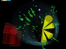 The classical signature of a top-quark pair produced in LHC collisions is four jets (yellow cones), one muon (red line, also detected by the CMS muon detectors as red boxes), and missing energy from a neutrino (pink arrow). Credit: CERN