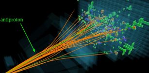 A proton–proton collision event recorded by the LHCb detector, showing the track followed by an antiproton formed in the collision (Image: CERN)