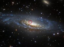 The supernova known as 2014C took place eight years ago—but scientists are still watching and learning from its aftermath. The very faintly visible explosion is shown circled in red. Credit: Sloan Digital Sky Survey